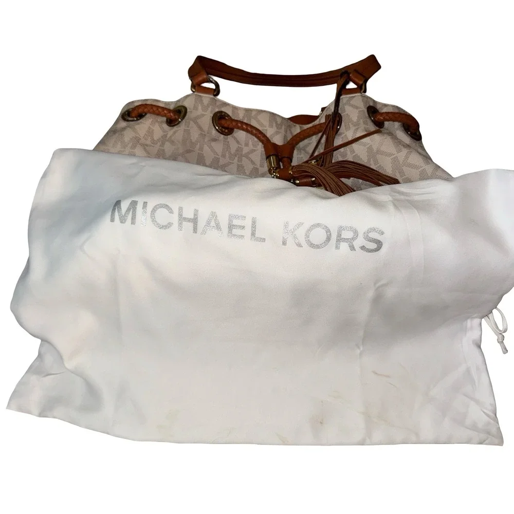 Michael Kors Cream Monogram Drawstring Shoulder Bag with Brown Trim